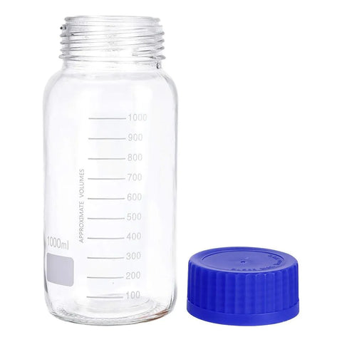 1000 mL Wide Mouth Graduated Round Reagent Lab Glass Bottle With Blue Polypropylene Screw Cap - The Supply Joint