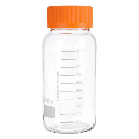 1000 mL Wide Mouth Graduated Round Reagent Lab Glass Bottle With Orange Polypropylene Screw Cap - The Supply Joint