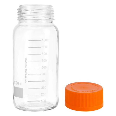 1000 mL Wide Mouth Graduated Round Reagent Lab Glass Bottle With Orange Polypropylene Screw Cap - The Supply Joint