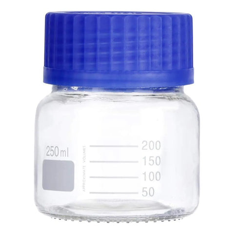 250 mL Wide Mouth Graduated Round Reagent Lab Glass Bottle With Blue Polypropylene Screw Cap - The Supply Joint