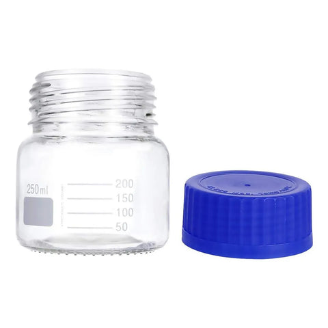 250 mL Wide Mouth Graduated Round Reagent Lab Glass Bottle With Blue Polypropylene Screw Cap - The Supply Joint
