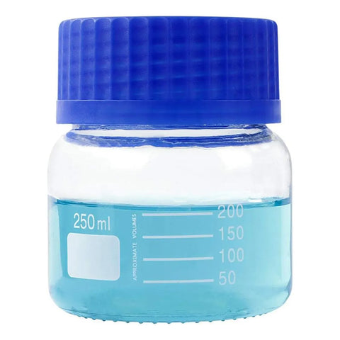 250 mL Wide Mouth Graduated Round Reagent Lab Glass Bottle With Blue Polypropylene Screw Cap - The Supply Joint