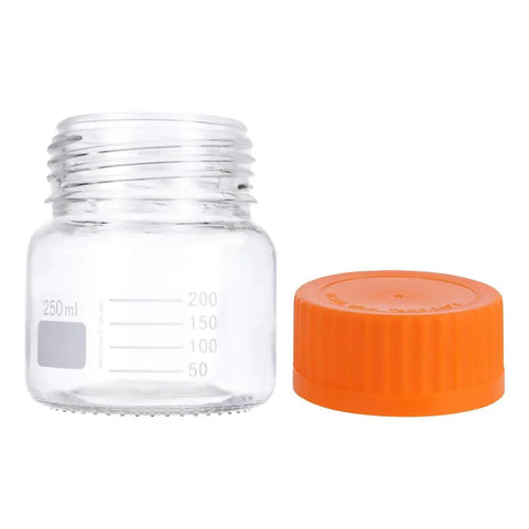 250 mL Wide Mouth Graduated Round Reagent Lab Glass Bottle With Orange Polypropylene Screw Cap - The Supply Joint