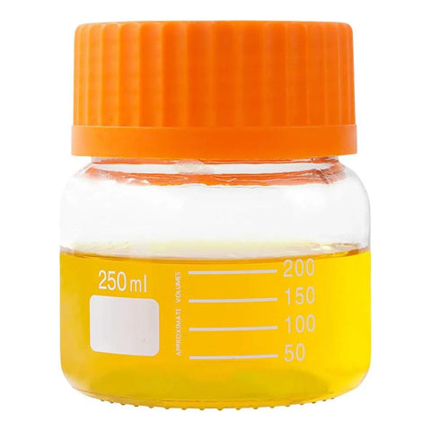 250 mL Wide Mouth Graduated Round Reagent Lab Glass Bottle With Orange Polypropylene Screw Cap - The Supply Joint