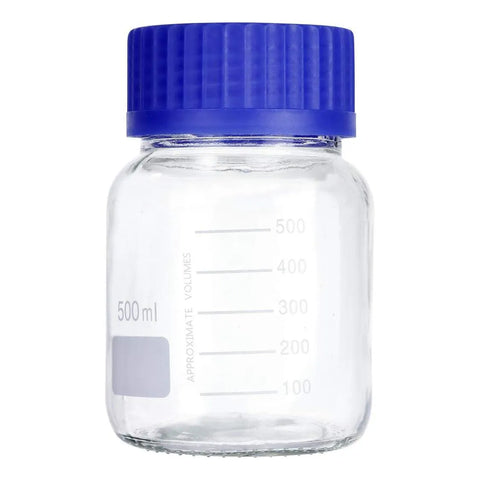 500 mL Wide Mouth Graduated Round Reagent Lab Glass Bottle With Blue Polypropylene Screw Cap - The Supply Joint