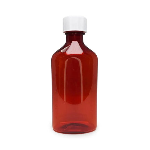 Child Resistant 12 Oz Amber Oval Rx Plastic Syrup Bottles With Caps - 100 Count - The Supply Joint