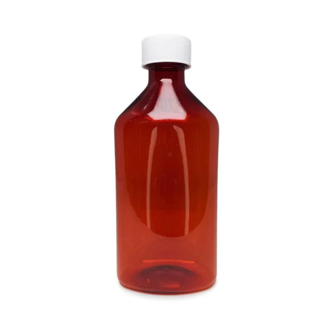 Child Resistant 6 Oz Amber Oval Rx Plastic Syrup Bottles With Caps - 100 Count - The Supply Joint