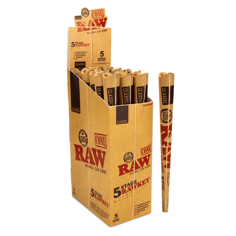 Raw Classic 5 Stage Rawket Pre-roll Cone 5 Pack - Unbleached Paper - 15 Packs - The Supply Joint 