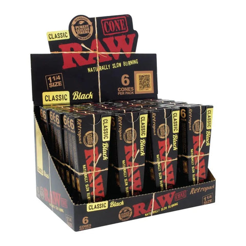 Raw Classic Black 1 1/4 Size Pre-rolled Cone 6 Pack - Unbleached Paper - 32 Packs - The Supply Joint