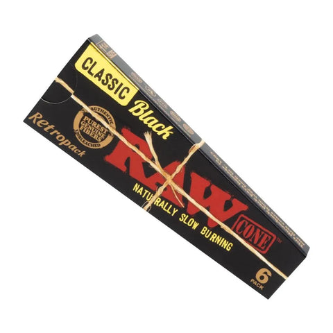 Raw Classic Black 1 1/4 Size Pre-rolled Cone 6 Pack - Unbleached Paper - 32 Packs - The Supply Joint