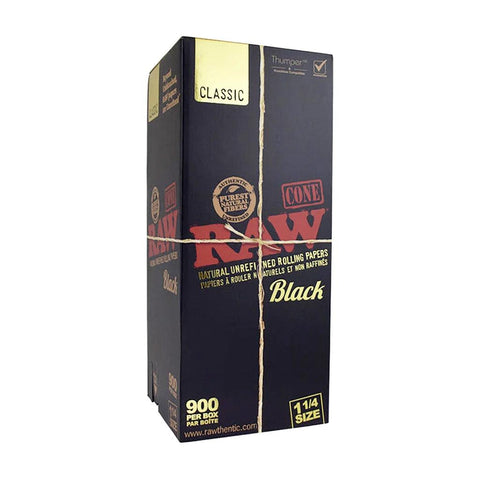 Raw Classic Black Pre-rolled Cones 1 1/4" 84mm - Unbleached Paper - 900 Count - The Supply Joint