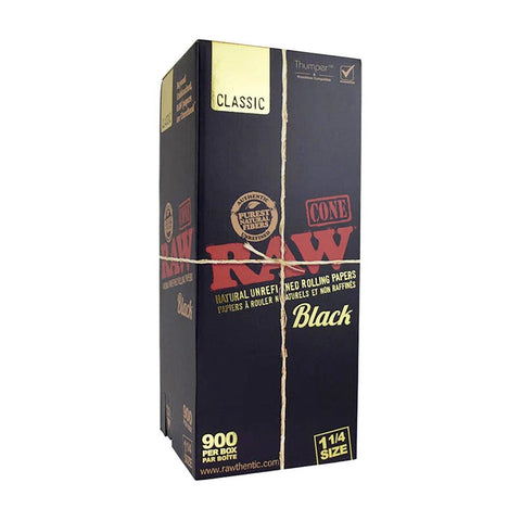 Raw Classic Black Pre-rolled Cones 1 1/4" 84mm - Unbleached Paper - 900 Count - The Supply Joint 