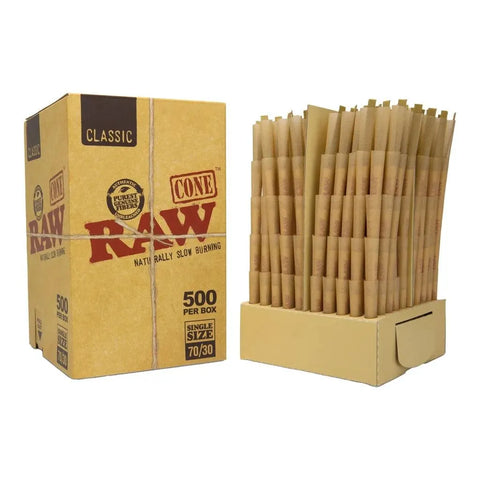 Raw Classic Single Size Pre-rolled Cones 70/30 Mm - Unbleached Paper - 500 Count - The Supply Joint
