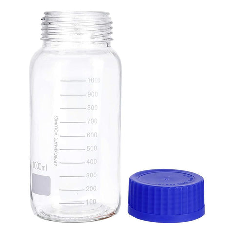 1000 mL Wide Mouth Graduated Round Reagent Lab Glass Bottle With Blue Polypropylene Screw Cap - The Supply Joint 