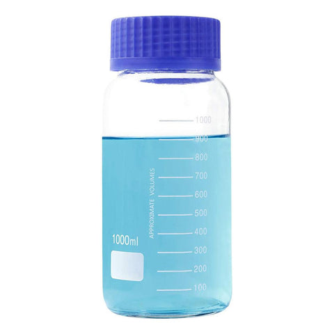 1000 mL Wide Mouth Graduated Round Reagent Lab Glass Bottle With Blue Polypropylene Screw Cap - The Supply Joint 