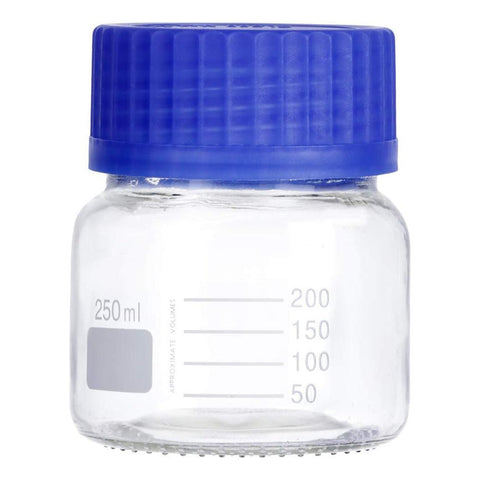 250 mL Wide Mouth Graduated Round Reagent Lab Glass Bottle With Blue Polypropylene Screw Cap - The Supply Joint 