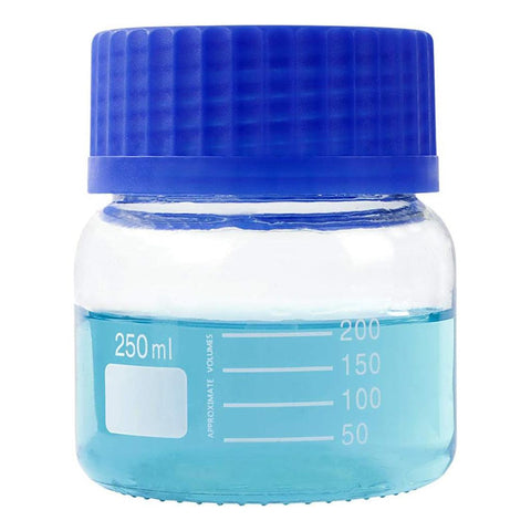 250 mL Wide Mouth Graduated Round Reagent Lab Glass Bottle With Blue Polypropylene Screw Cap - The Supply Joint 