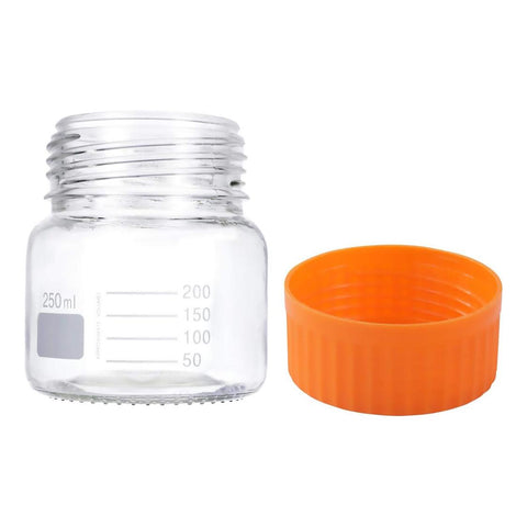 250 mL Wide Mouth Graduated Round Reagent Lab Glass Bottle With Orange Polypropylene Screw Cap - The Supply Joint 