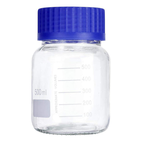 500 mL Wide Mouth Graduated Round Reagent Lab Glass Bottle With Blue Polypropylene Screw Cap - The Supply Joint 