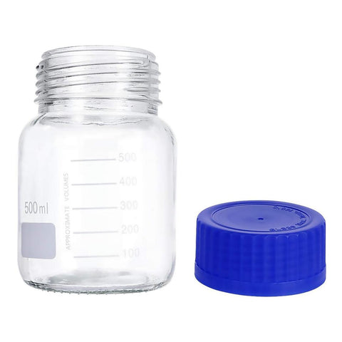 500 mL Wide Mouth Graduated Round Reagent Lab Glass Bottle With Blue Polypropylene Screw Cap - The Supply Joint 