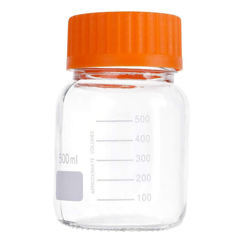 500 mL Wide Mouth Graduated Round Reagent Lab Glass Bottle With Orange Polypropylene Screw Cap - The Supply Joint 