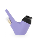 color:purple | Side shot of purple Puffco Proxy silicone pipe with black base and cotton swabs in back compartment