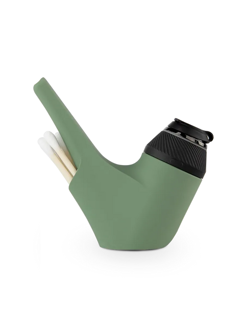 color:green | Side shot of green Puffco Proxy travel pipe with black base and cotton swabs in back compartment